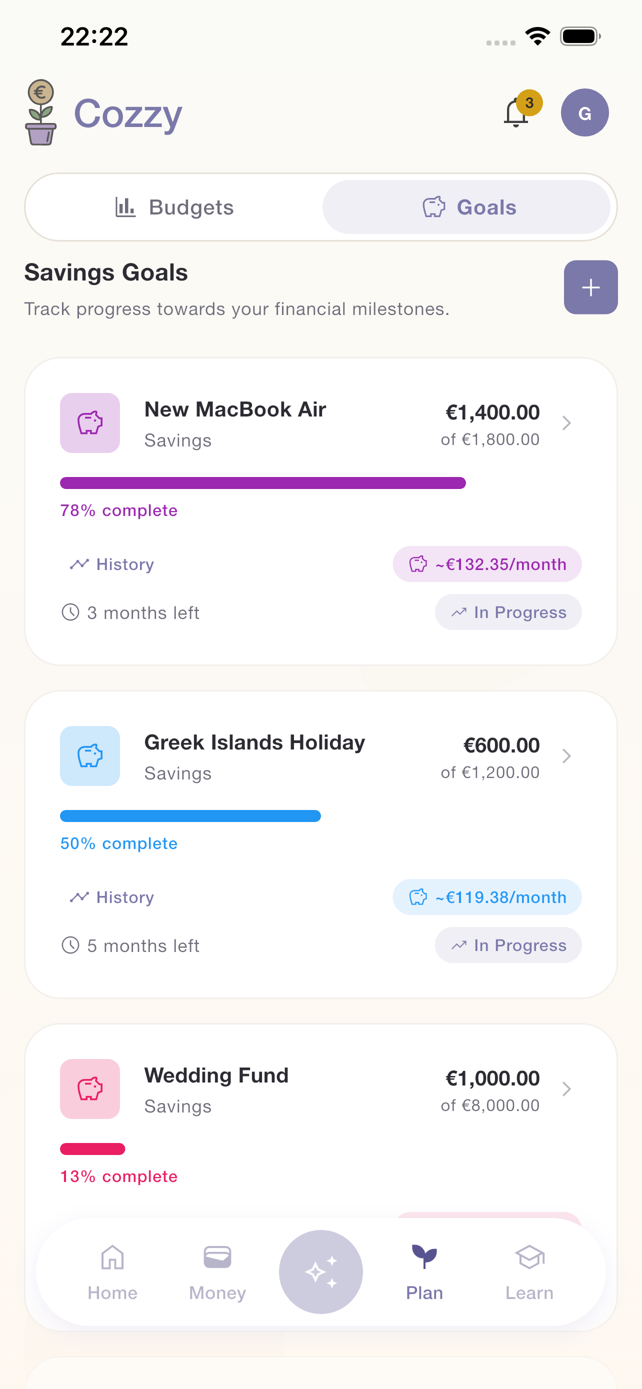 Cozzy Goals tab showing three active goals: "Emergency Fund" at €1,500 of €10,000 (15% complete), "Summer holiday" at €600 of €2,500 (24% complete) and a "Credit union loan" debt payoff at €1,750 of €5,000 paid off (35%) — each card with its own progress bar and status chip