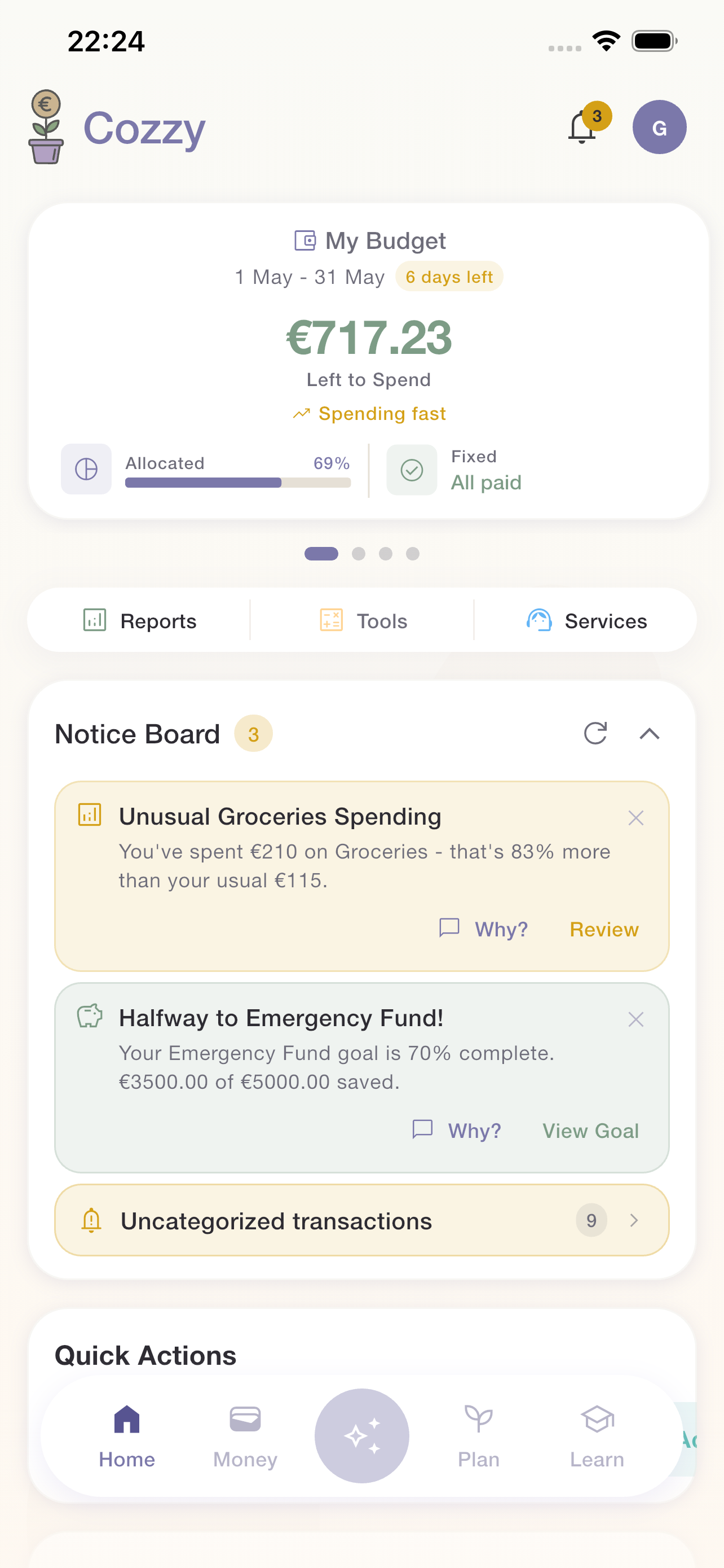 Cozzy home screen with the My Budget card showing €1,073.35 left to spend on a €3,050 take-home budget, "On track", 14 days left in the cycle, and allocations across Needs (70%), Wants (20%) and Save (10%) — with recent activity (Aldi, SuperValu) surfaced below