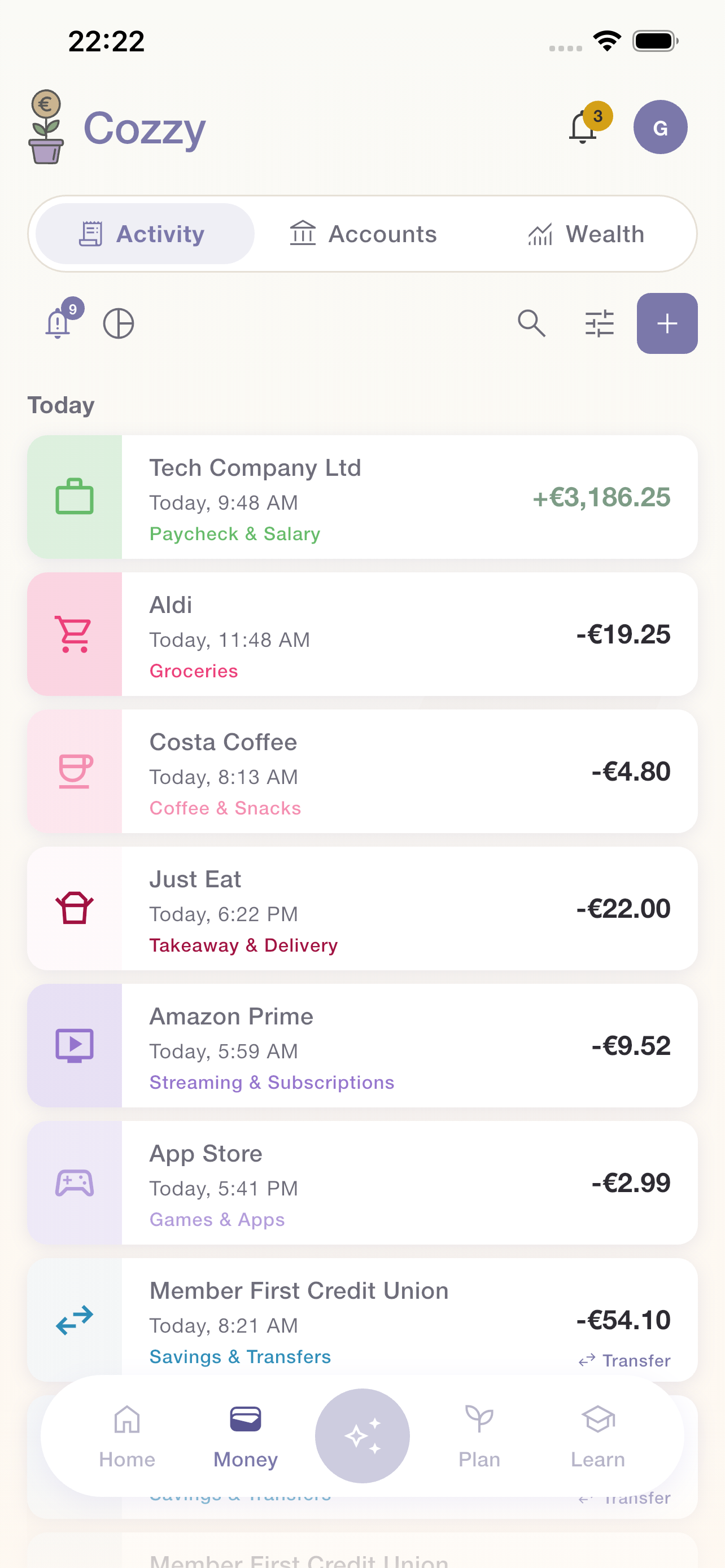Cozzy Money/Activity tab with date-grouped transactions: Aldi shop today, SuperValu shop yesterday, Credit Union deposit and Hairdresser on May 15 — each tagged with its category (Groceries, Savings & Transfers, Haircuts & Grooming) and a quick-edit pencil. Olivia preset chips ("Monthly spending", "Budget check") sit above the list