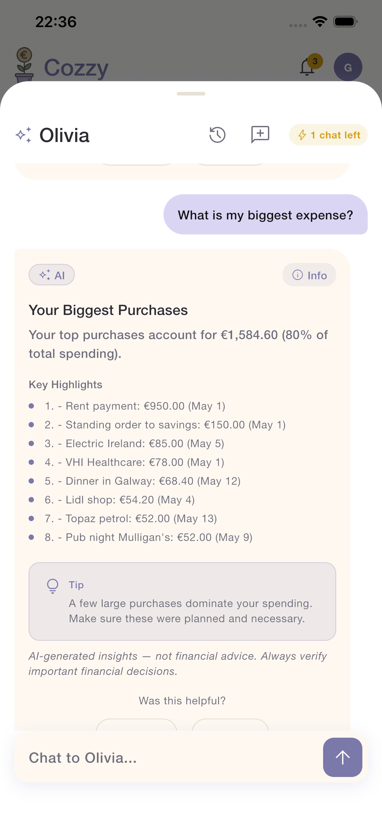 Olivia answering "What's a sensible emergency fund target for me?" — she reads the user's declared €3,050 monthly income, sums their recurring rent + utilities to €1,446/month, and returns a personalised 3-to-6-month target of €4,338–€8,676, while flagging that a more precise figure would need a full essentials review